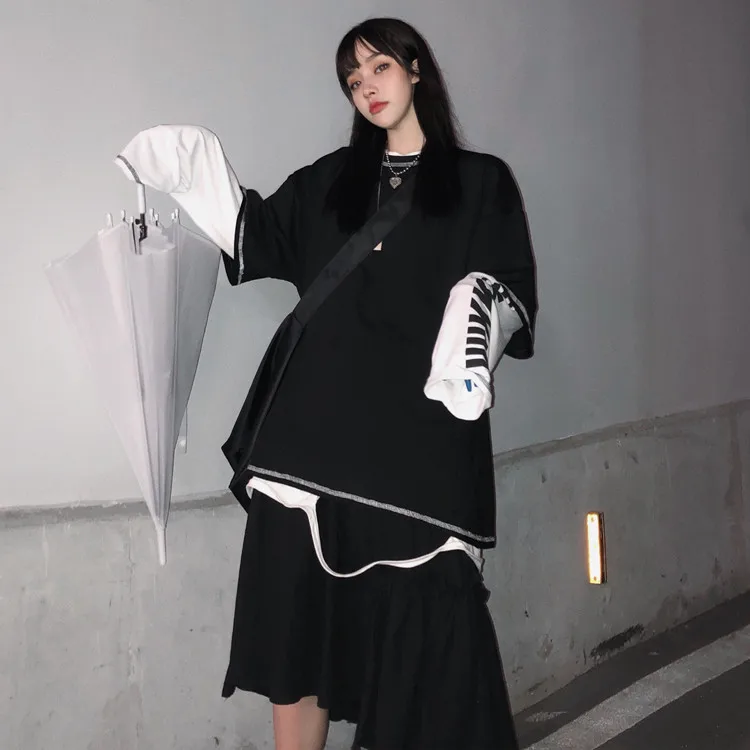 Woherb Harajuku поддельные 2 шт. футболки женские топы с принтом букв лоскутное Корейский Modis свободные весна осень леди футболка