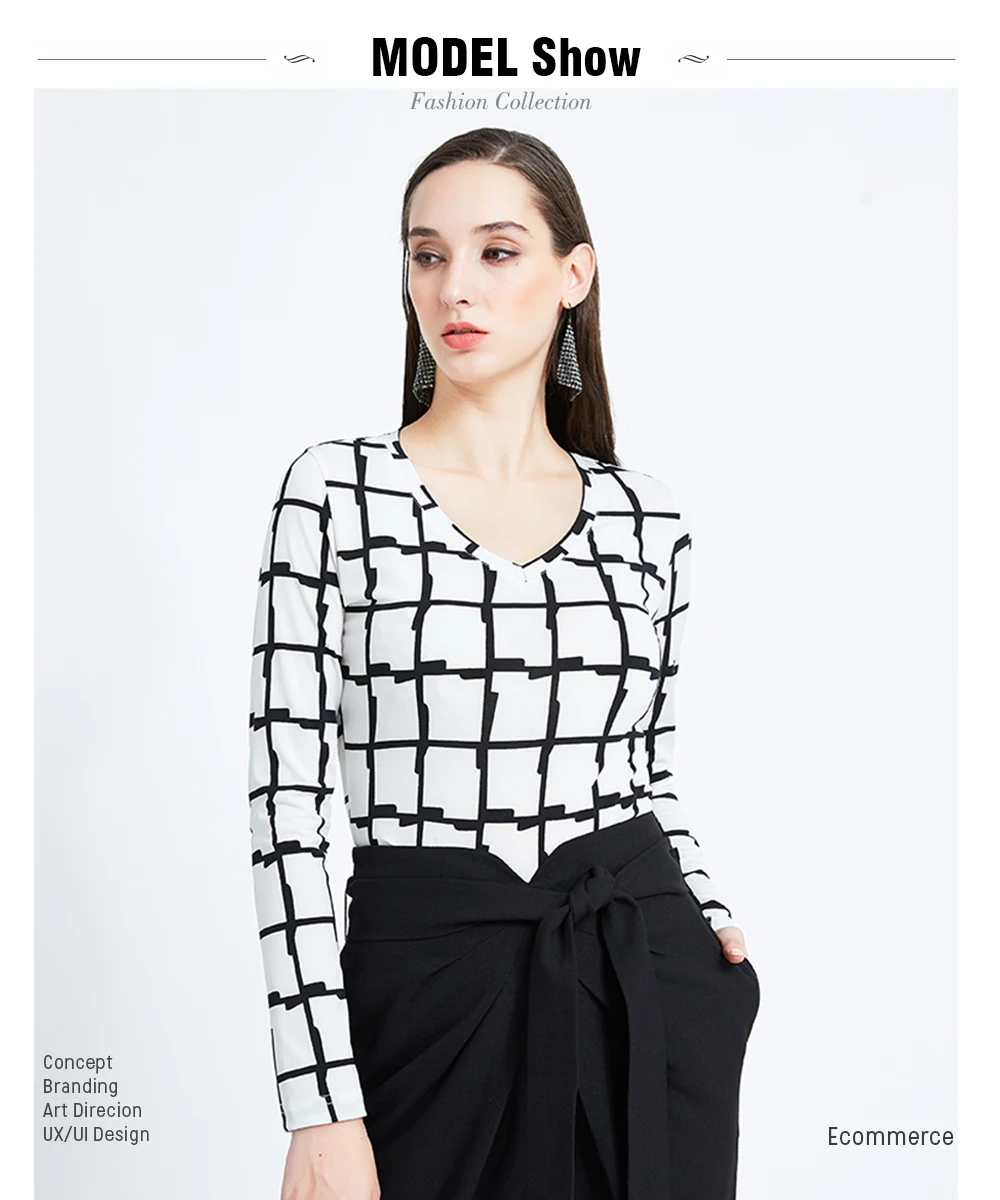 new women's T-shirt long sleeve T-shirt autumn fashion Urban Simple V-neck Plaid top