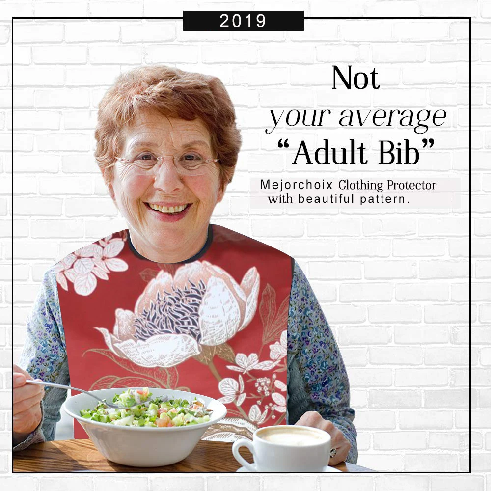 Waterproof Reusable Washable Adult Bib for Elderly Women Men PVC and Printing Cotton Cloth, Keep Mealtime Neat and Clear