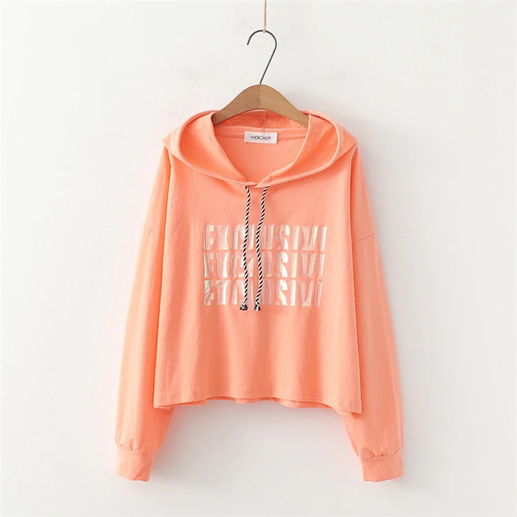 Merry Pretty Women’s Letter Print Crop Hoodies Winter Long Sleeve Hooded Sweatshirts For Femme Casual Loose Pullovers