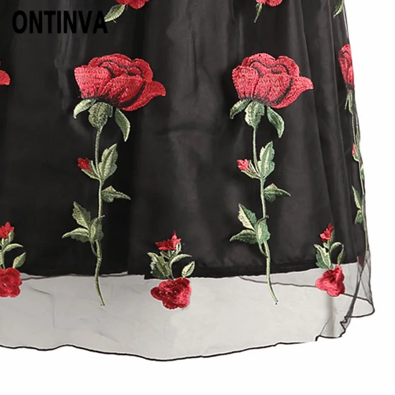 Ретро Цветочная вышивка розы миди тюлевые Пышные юбки винтажные женские юбки с высокой талией Saia Feminina сетчатые юбки бальное платье