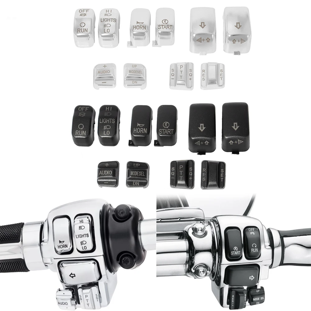

10pcs Motorcycle Black Chrome Handle Control Switch Housing Button Caps For Harley Touring FLHX FLTRX Street Electra Glide 96-Up