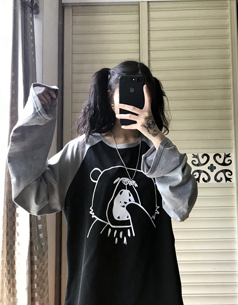 Woherb Harajuku, мультяшная Футболка с принтом, топы для женщин, весна-осень, новинка, уличная одежда, футболка с длинным рукавом, Женская Корейская одежда
