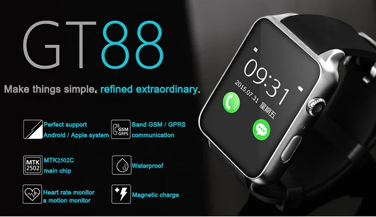 GT88 Bluetooth Смарт-часы, наручные часы, Смарт-часы, монитор сердечного ритма, поддержка TF 2G, sim-карты для Apple IOS, Android OS