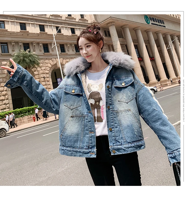 

2019 Winter women's padded cotton jacket faux fur collar thickening wool hooded denim coat kpop streetwear hip pop tops