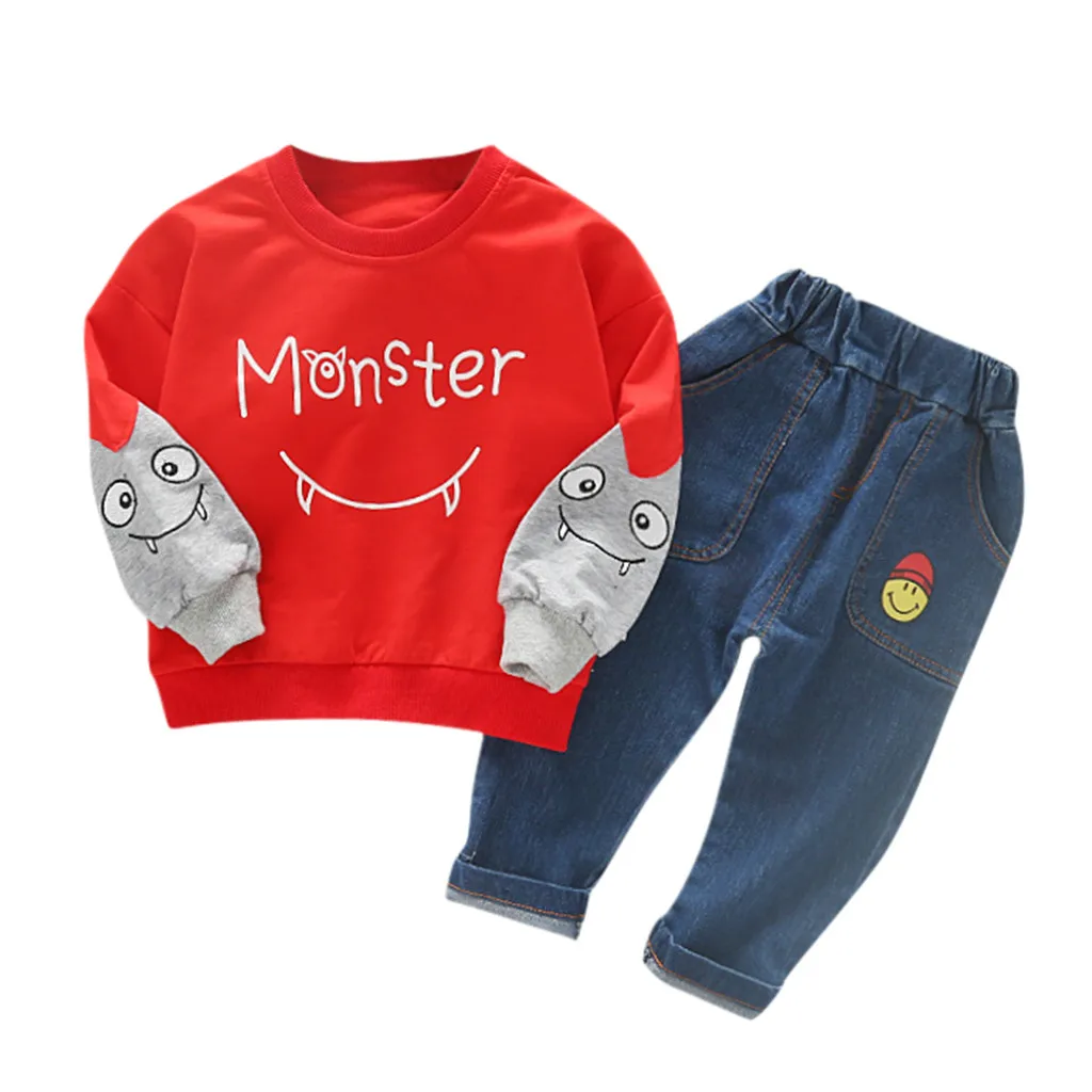 SAGACE одежда для маленьких девочек; топы с длинными рукавами и надписью «Monster»; ковбойские штаны; комплект одежды; детская зимняя одежда для мальчиков