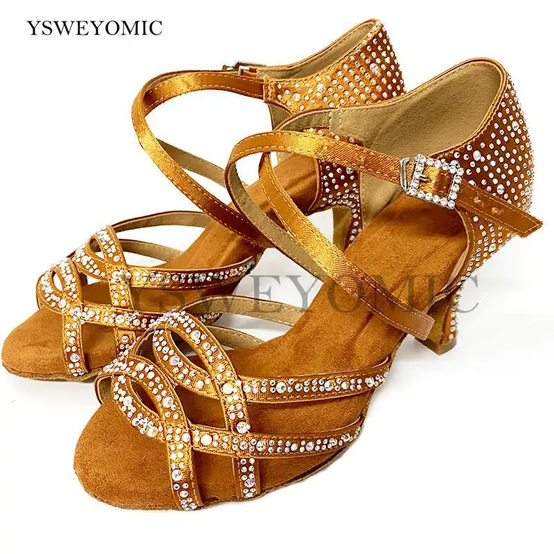 Indoor Dancing Shoes Bronze Red Blue Black Customized Colors Rhinestones Bachata Salsa Cha cha Latin Women Dance Shoes For Girls