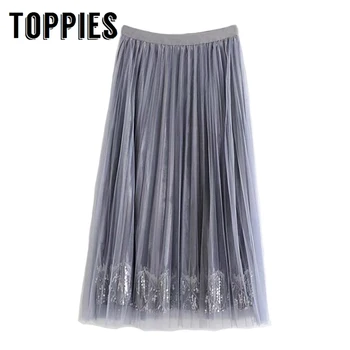 

2020 Spring Pleated Skirts High Waist Tassel sequined skirts women mesh yarn korean a-line faldas