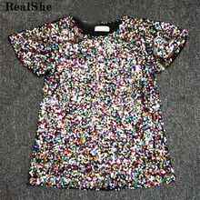 RealShe женская футболка с круглым вырезом и коротким рукавом с блестками женские футболки для женщин весенние повседневные Элегантные вечерние футболки женские топы