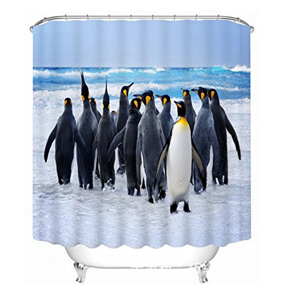 Practical With Hooks Shower Curtain Easy Install Bathroom Penguin Printed Soft Quick Dry Decorative Waterproof Mildew Resistant