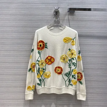

Top Quality Cashmere Sweater 2020 Autumn Women Pastoral Style Wild Three-dimensional Floral Embroidery 100% Cashmere Sweater New