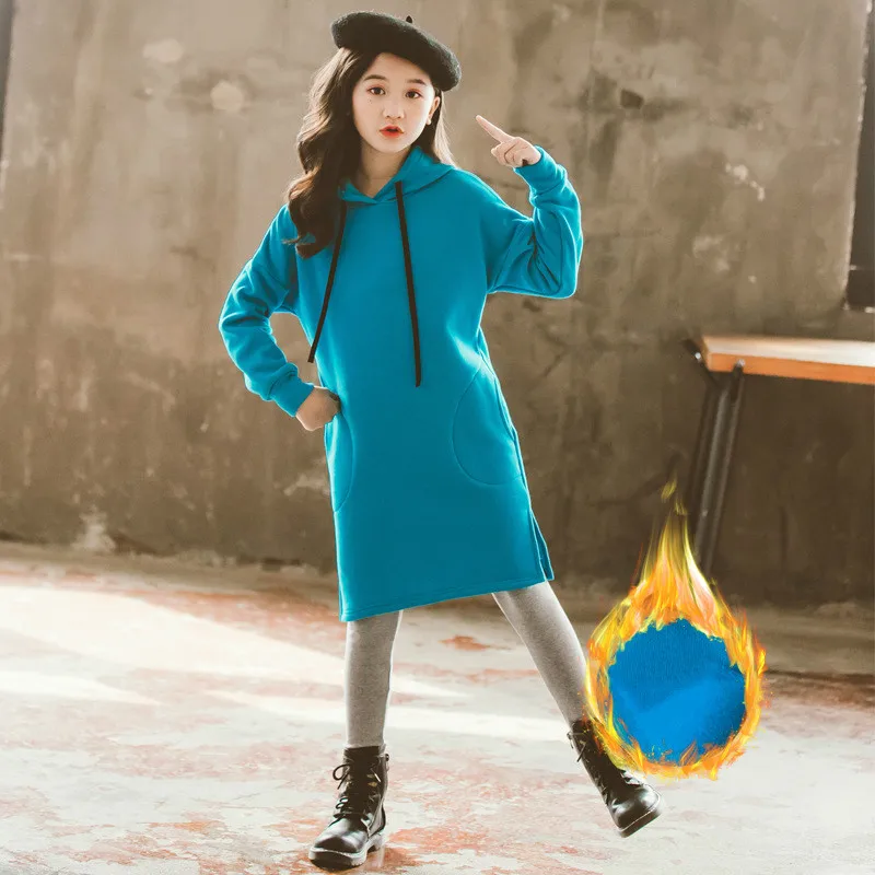 Г. Осенне-зимнее модное бархатное плотное платье для девочек Повседневное платье с капюшоном для маленьких девочек Новое Детское зимнее платье для девочек