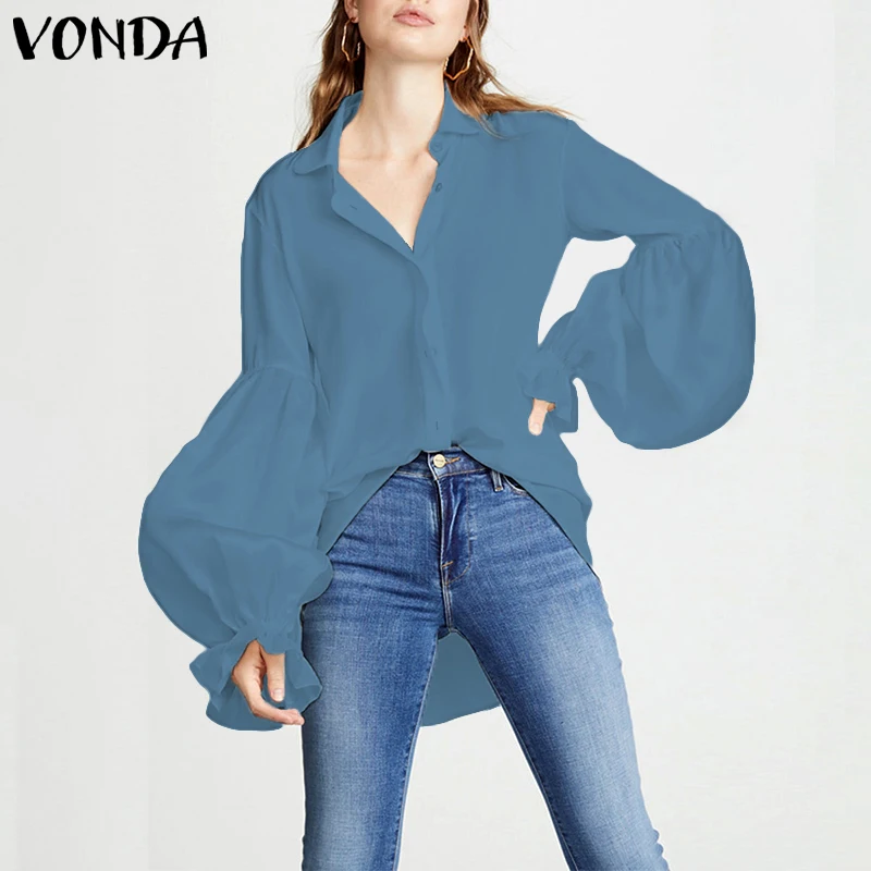 Винтажный комбинезон 2019 VONDA женская летняя блузка фонарь длинный рукав вечерние Blusas повседневные пляжные Топы Плюс Размер Рубашки