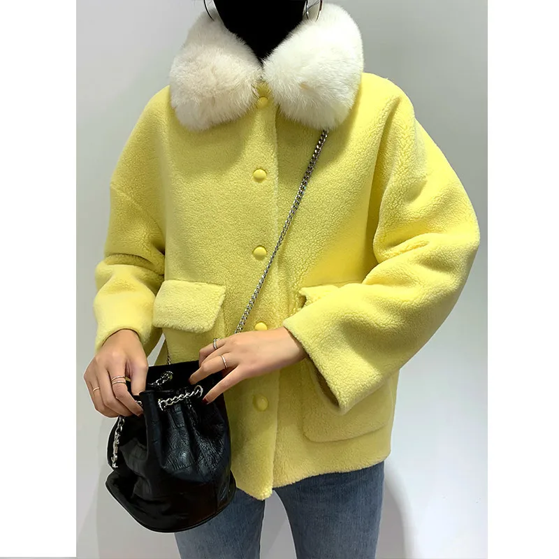 

Real Fur Coat Female Fox Fur Collar Wool Jacket Autumn Winter Coat Women Clothes 2020 Korean Vintage Sheep Shearling Tops ZT4295