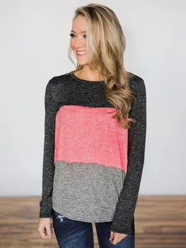

FADZECO Women Color Block Long Sleeve Casual T-Shirts 2019 Autumn Round Neck Patchwork Slim Fit Tops Tee Cotton T-Shirt