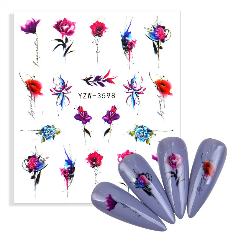 2023 New Flower Series Nail Water Decal Stickers Rose Lavender Floral Leaf Pattern Transfer Sticker Decorazione Per Unghie Fai Da Te