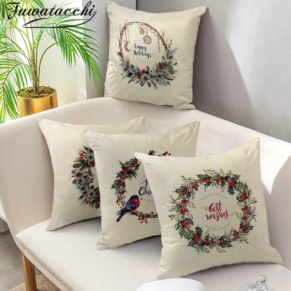 

Fuwatacchi Merry Christmas Cushion Cover 45*45cm Flower Pillowcase Linen Sofa Cushions Pillow Cases Pillow Covers funda cojin