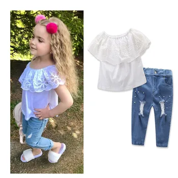 

Baby Girl Children Clothing Set 2020 New Short-sleeved Girls White Jacket Top Shirt with Ripped Denim Trousers Long Pants Suit