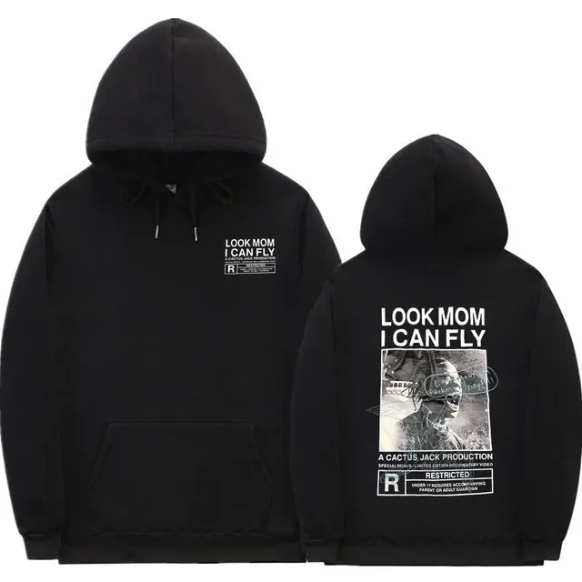 Cactus Jack Hoodie Men Women Double-sided Logo Print LOOK MOM I CAN FLY Travis Scott Hoodies Unisex Fashion Hip Hop Streetwear Z0782-black