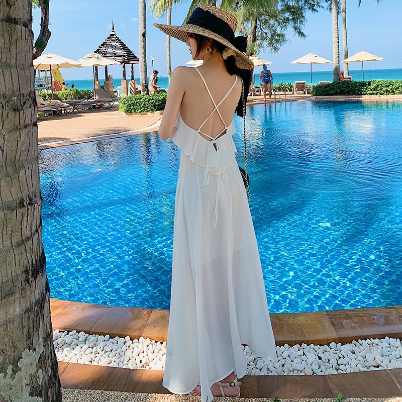 

Maxi White Backless Women Dress Summer 2020 Runway Long Elegant Party Sun Dress Korean Ruffle Tropical Beach Vacation Slip Dress