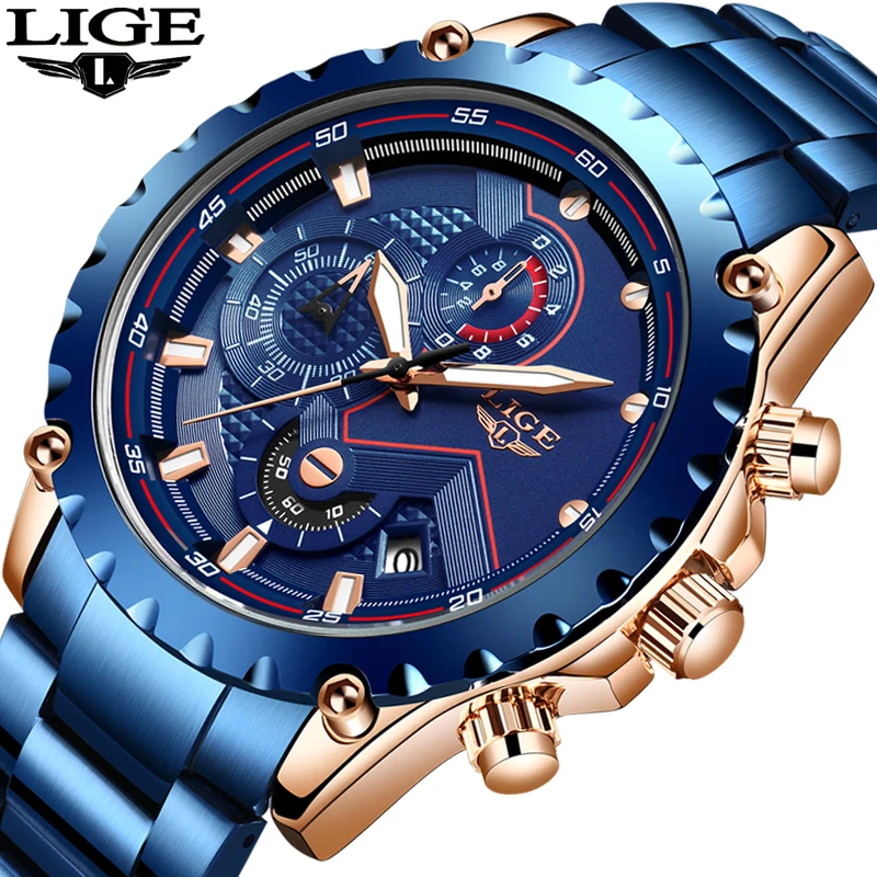 

2020 New LIGE Fashion Blue Stainless Steel Mens Watches Top Brand Luxury Waterproof Quartz Watches For Men Sport Chronograph+Box
