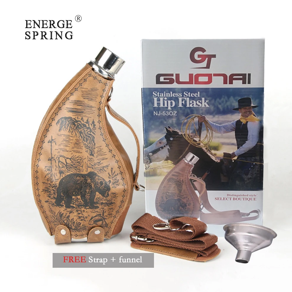 53oz Stainless Steel Horns Hip Flask Portable Leather Case