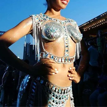 

Sexy Bling Metal Body Chest chain Crop Tops Women Summer Beach Halter tassel Colorful gem Queen cropped Nightclub Party Tank top