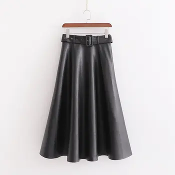 

Vintage Chic Black PU Leather Skirt with Belt 2019 Fashion Women Long Skirts Side Zipper Casual Falda Mujer