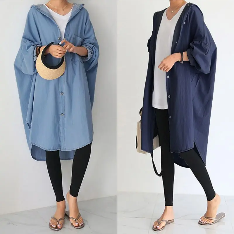 

2019 ZANZEA Elegant Denim Blue Coats Women's Asymmetrical Outwear Cardigans Batwing Sleeve Button Jackets Female Hooded Tops 5XL