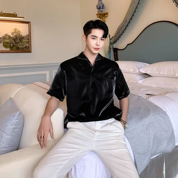 

Men Summer Short Sleeve Loose Casual Solid Pullover Shirts Male Streetwear Hip Hop Party Dress Shirt