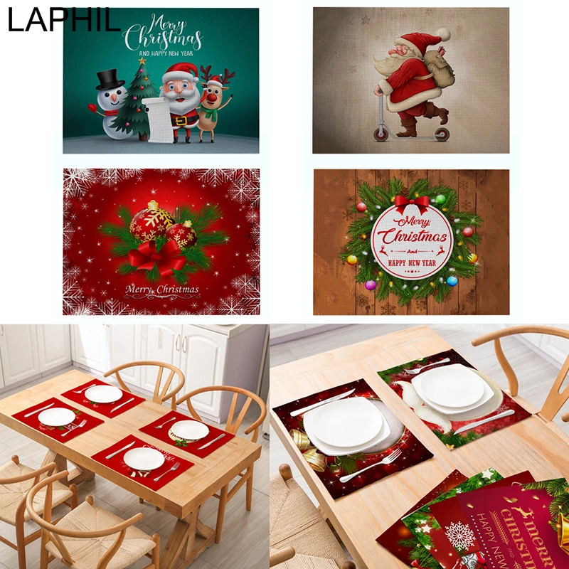 

LAPHIL Red Cotton Linen Christmas Placemat Snowman Santa Claus Table Mat Christmas Party Decorations for Home New Year 2020