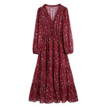 Robe africaine mi longue à volants, grande taille, décontractée, style bohémien, col en V, imprimé, manches longues élastiques, rouge, automne hiver 2021