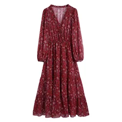 Plus tamanho plissado casual vestido feminino boêmio v pescoço impressão midi vestidos outono inverno 2021 elástico manga longa vermelho vestido africano