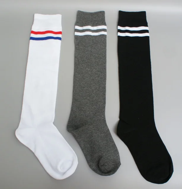 3 pairs lot Women's cotton Knee high Socks girls striped lock sock basic black white gray Stockings