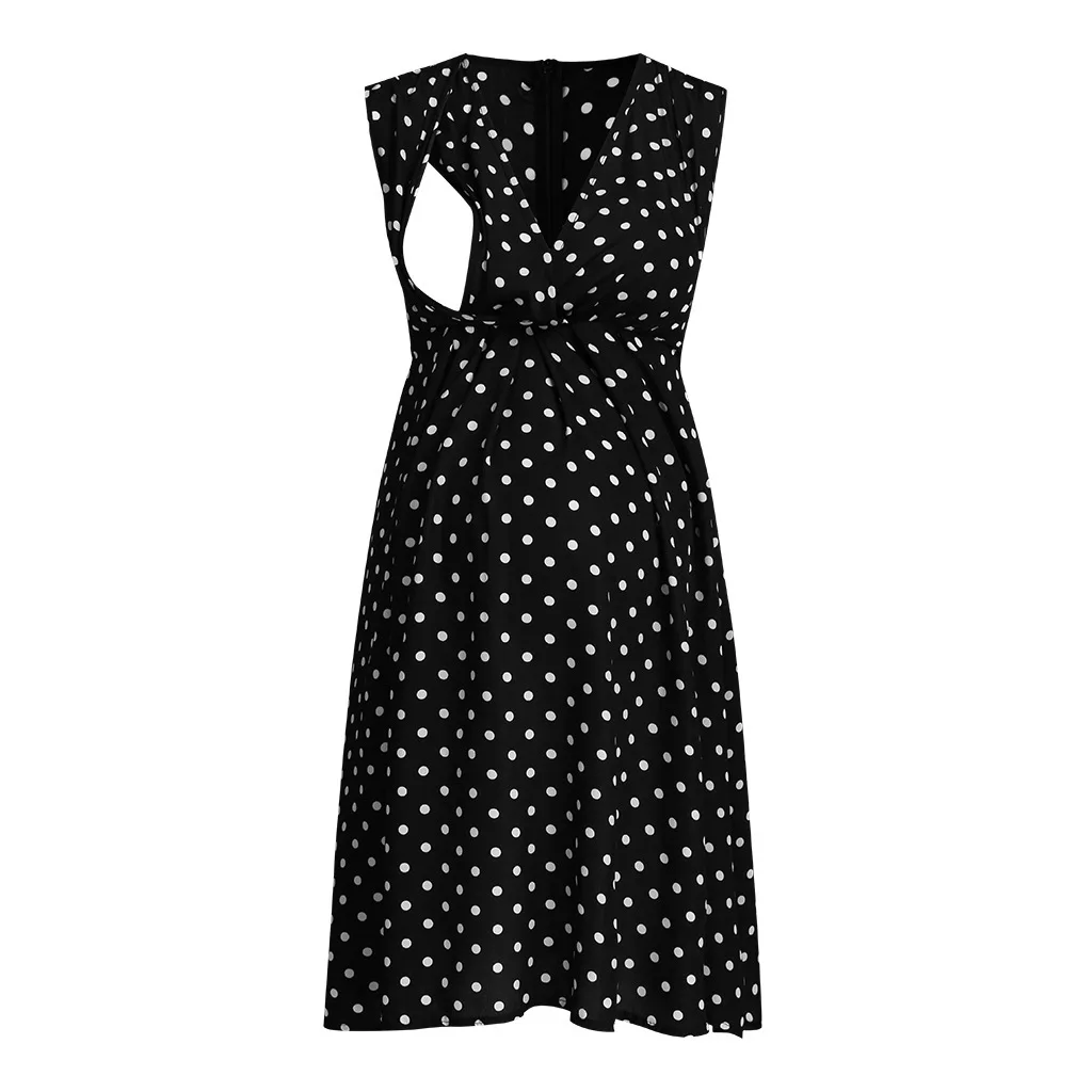 ENXI/платье для беременных в горошек с v-образным вырезом без рукавов, платье для грудного вскармливания, летние женские модные платья для беременных - Цвет: black