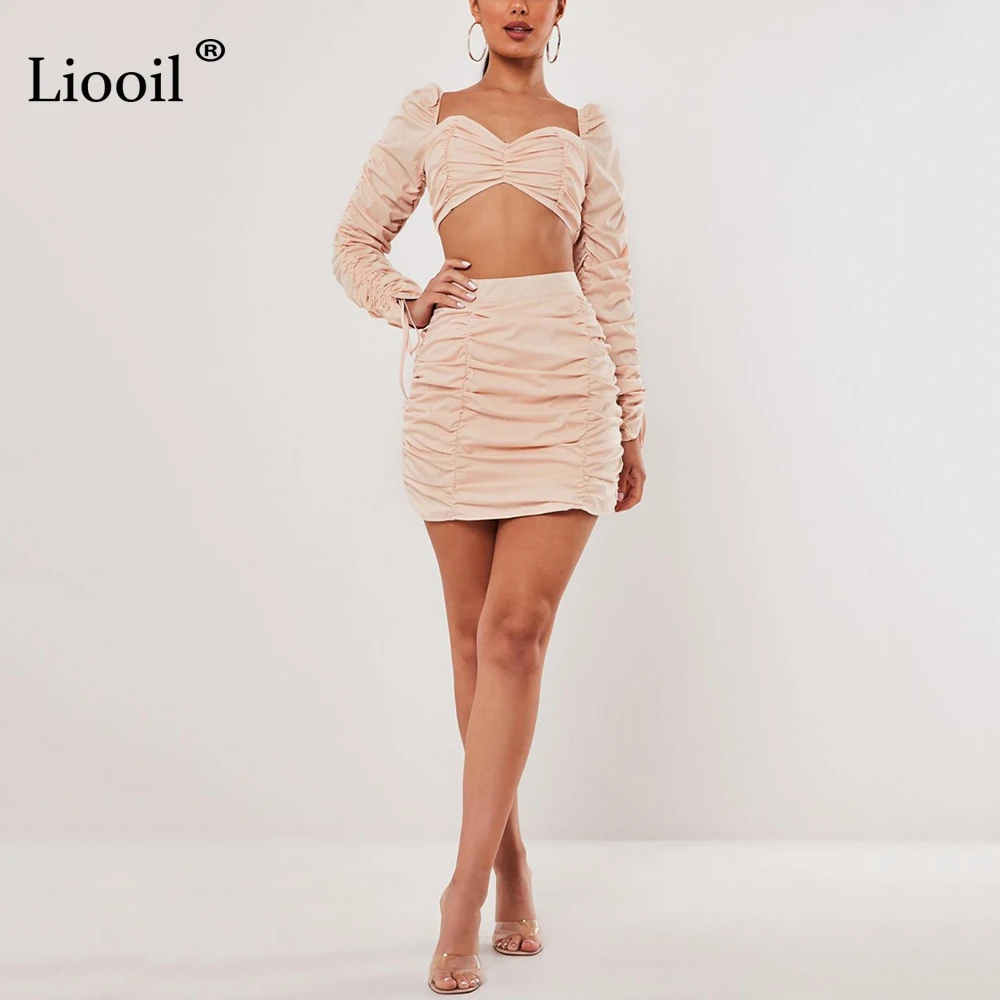 Liooil/женский комплект из двух предметов, сексуальное мини-платье с рюшами,, длинные рукава, обтягивающие короткие платья, женские вечерние платья для ночного клуба