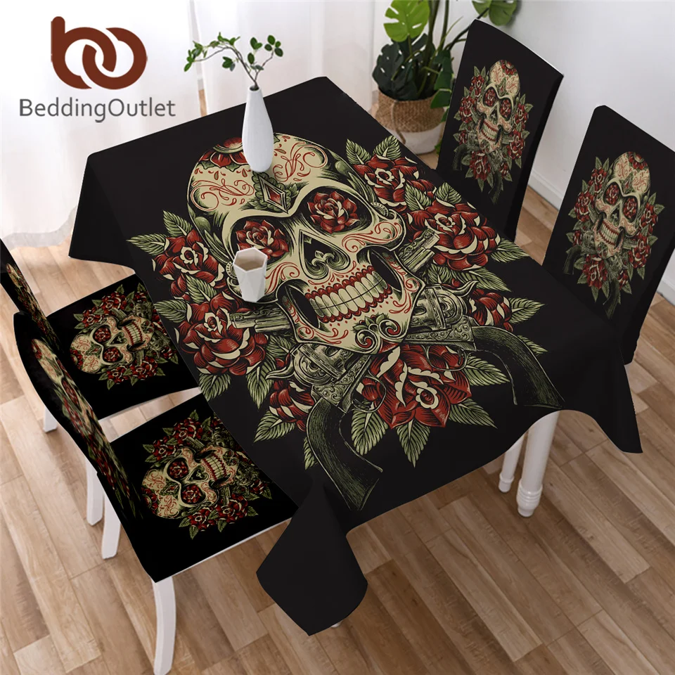 

BeddingOutlet Floral Skull Tablecloth Flowers Vintage Waterproof Table Cloth Sugar Skull Gothic Table Cover Washable for Picnic