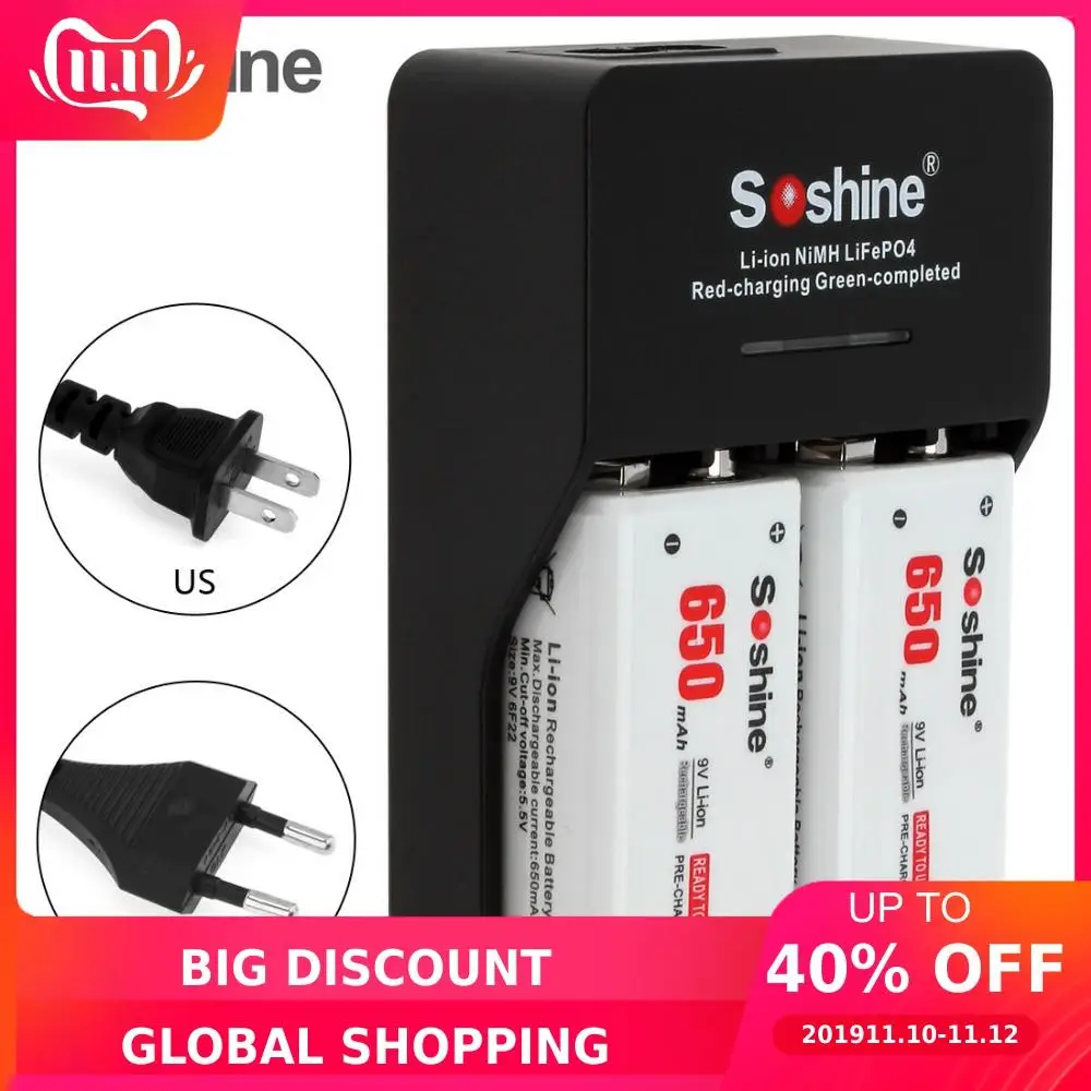 2pcs Soshine 650mAh 9V 6F22 Battery Li ion Rechargeable Battery + Smart Intelligent 9V Battery