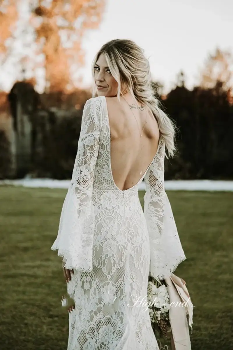 Vintage Lace Mermaid Beach Wedding Dress Long Flare Sleeves Sexy