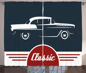 

Retro Window Curtains Old Nostalgic Car with Classic Typography Emblem Auto Vintage Graphic Living Room Decor Bedroom