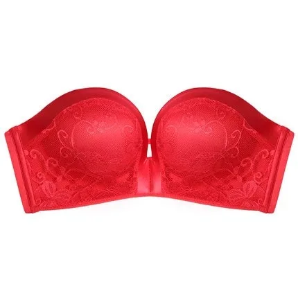 Women Thin And Thick Non-slip Strapless Invisible Bra Wedding Underwear Female Tube Top Super Boost Push-ups Bra AB Cup - Цвет: Red