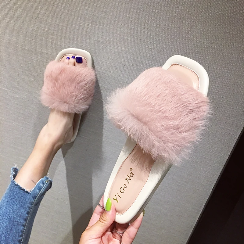 

2019 autumn and winter new sweet cute fluffy slippers comfortable wild rabbit fur word slippers net red tide shoes women's shoes