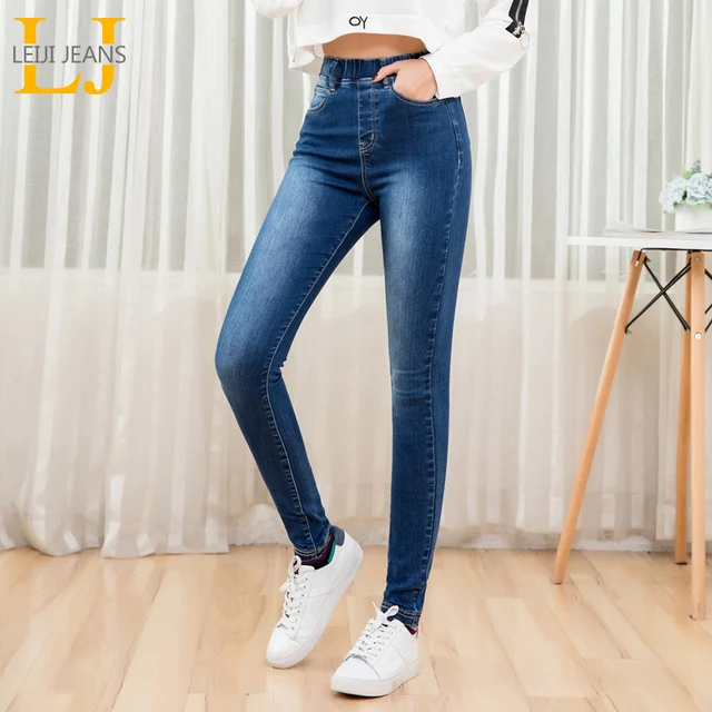 US $15.51 LEIJIJEANS 2019 autumn Elastic waist highly waist washing featured fit leg mujer jean ladies 5XL pl