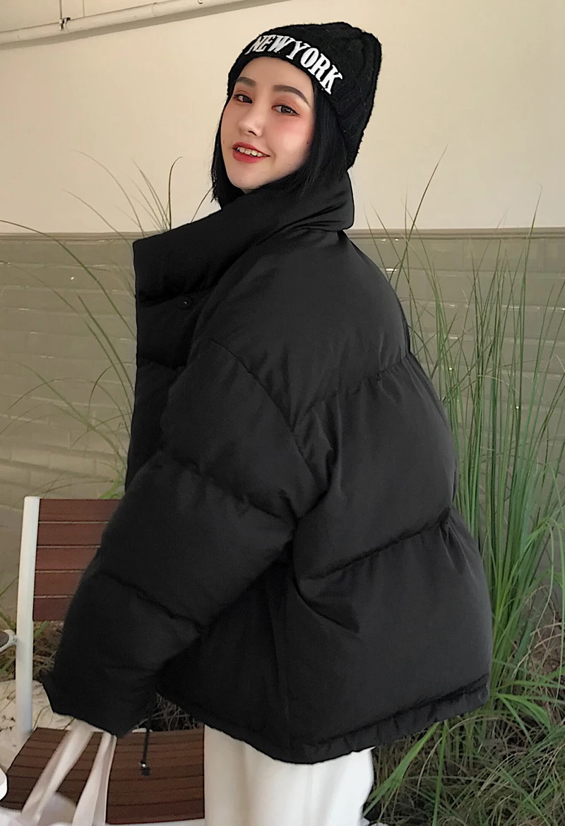 Корейский стиль, зимняя женская куртка со стоячим воротником, однотонная, черная, белая, женский пуховик, свободный, негабаритный, женская короткая парка