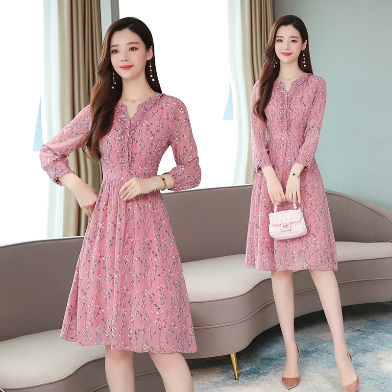 

Autumn Long Sleeve Chiffon Print Dress for Women Bohemian Casual Korean High Waist Pink Floral Elegant Party Dresses Vestidos