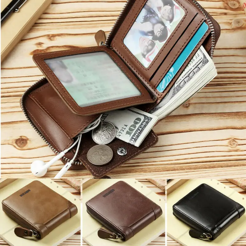 

Men's Wallet Genuine Leather Credit Card Holder RFID Blocking Zipper Pocket New