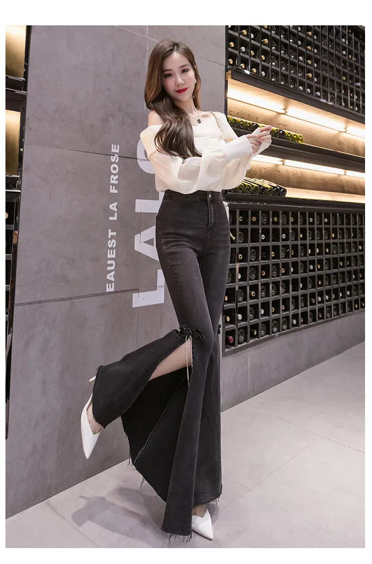 High Waist New Elastic Fabric Women Fashion Jeans Flare Pants Casual Bow Slim Split Female Black Denim Jeans Ladies trousers amiri jeans