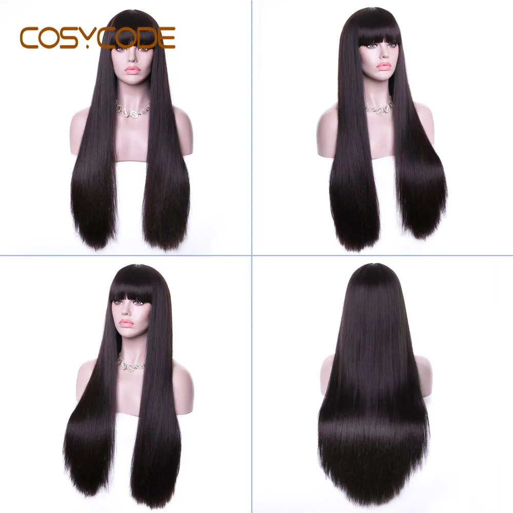 COSYCODE черный парик с челкой 26 дюймов женские парики длинные прямые некружевные синтетические Косплей парики