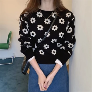 

New Women's Jacquard Knit Sweatera Fall Sweet Casual Loose O-neck Cute Flower Print Short Females Pullovers Prairie Chic Tops