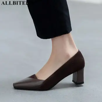 

ALLBITEFO high quality genuine leather brand high heels party women shoes thick heels office ladies shoes autumn women heels